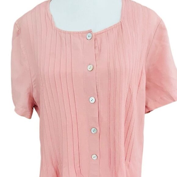 ORVIS Pink Oyster Shell Button Square Neckline Pleated Bodice Linen Dress Sz PL - Picture 2 of 7